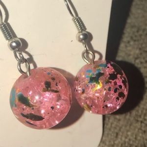 Paint Splatter Dome Ball Bubble Bauble Pink Sparkle Bead Dangle Earring Art Deco